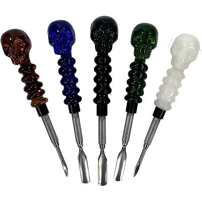 6″ SirEEL Skull Spine Glass & Anodized Steel Dab Tool | Assorted Scoops & Colors