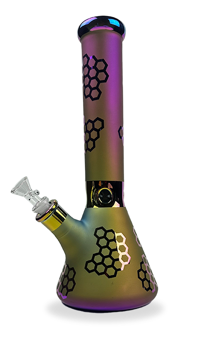 14″ SirEEL Etched Image Iridized Beaker Bong with Flower Bowl | Assorted Designs & Colors