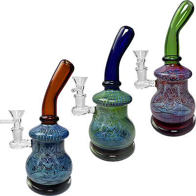 9″ SirEEL Etched & Fumed Skull Design Rig with Flower Bowl