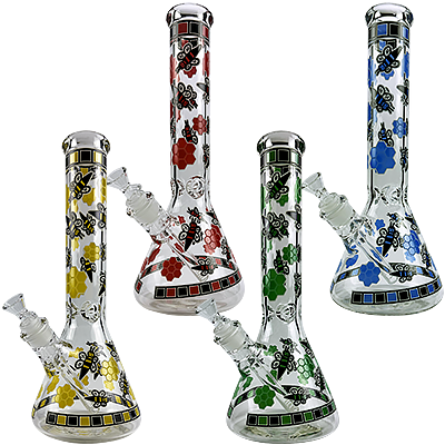 14″ SirEEL HoneyBee Motif Beaker Bong with Flower Bowl | Assorted Colors